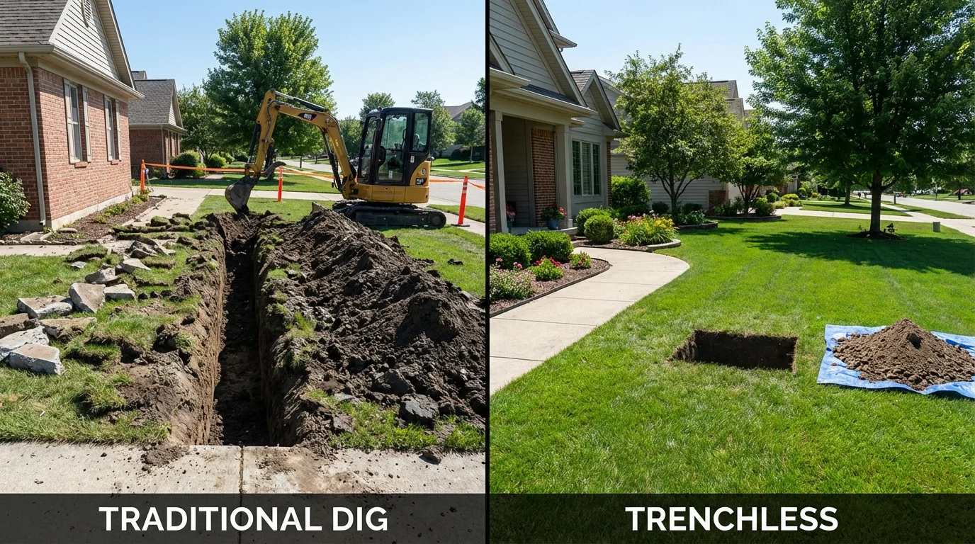 Trenchless sewer repair with minimal yard damage versus traditional excavation in Cary, IL