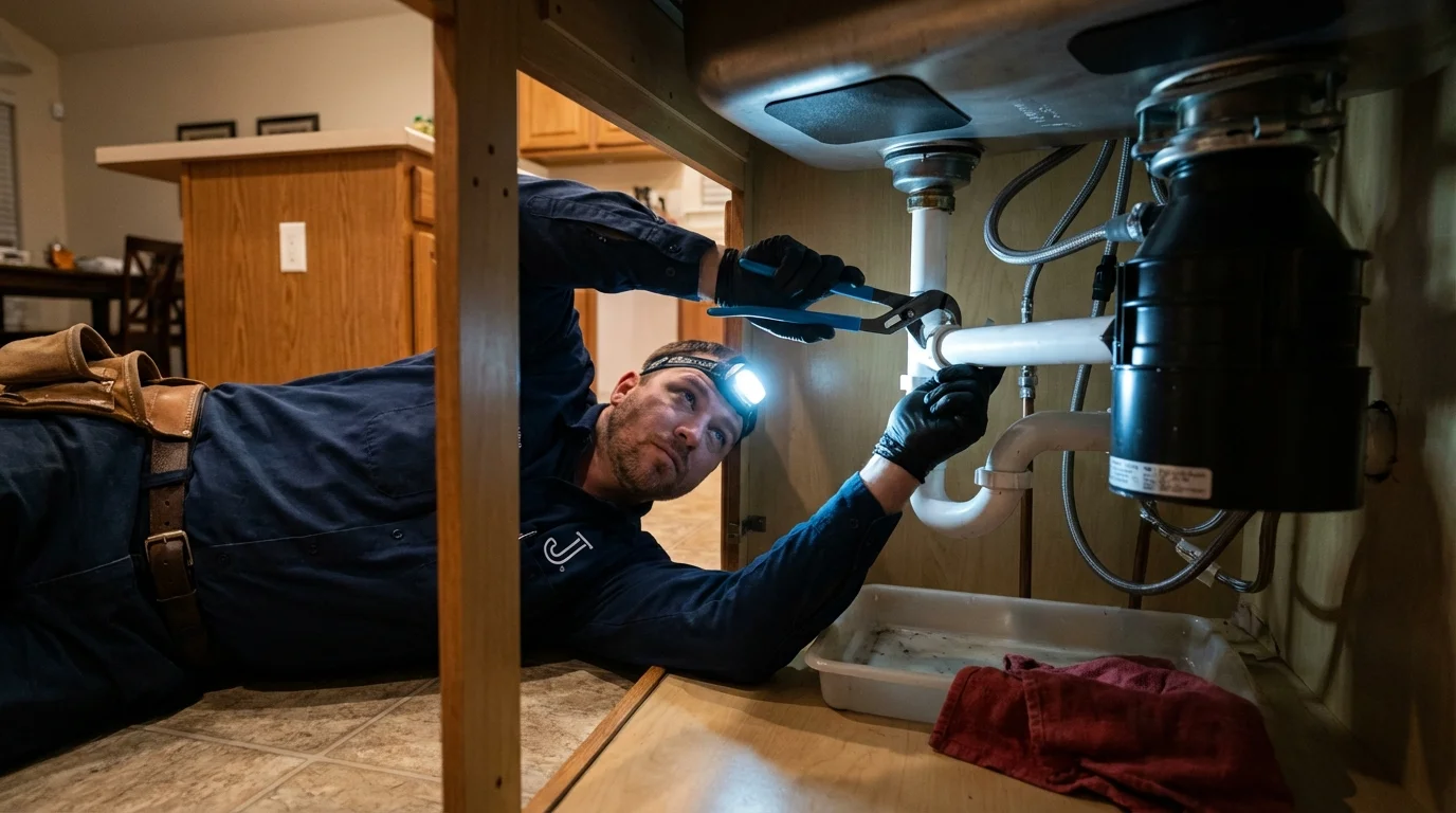 P-trap and supply line connections under a kitchen sink showing a common leak point in Cary, IL